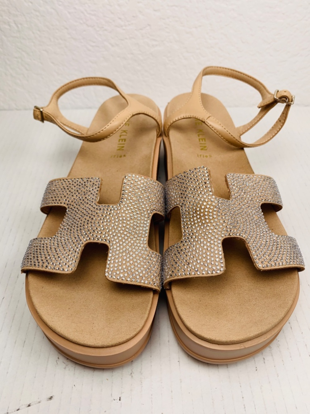 Anne Klein Virginia Rhinestone Platform Wedge Sandals Tan Beige 11M AKVIRGINIA - Picture 3 of 15